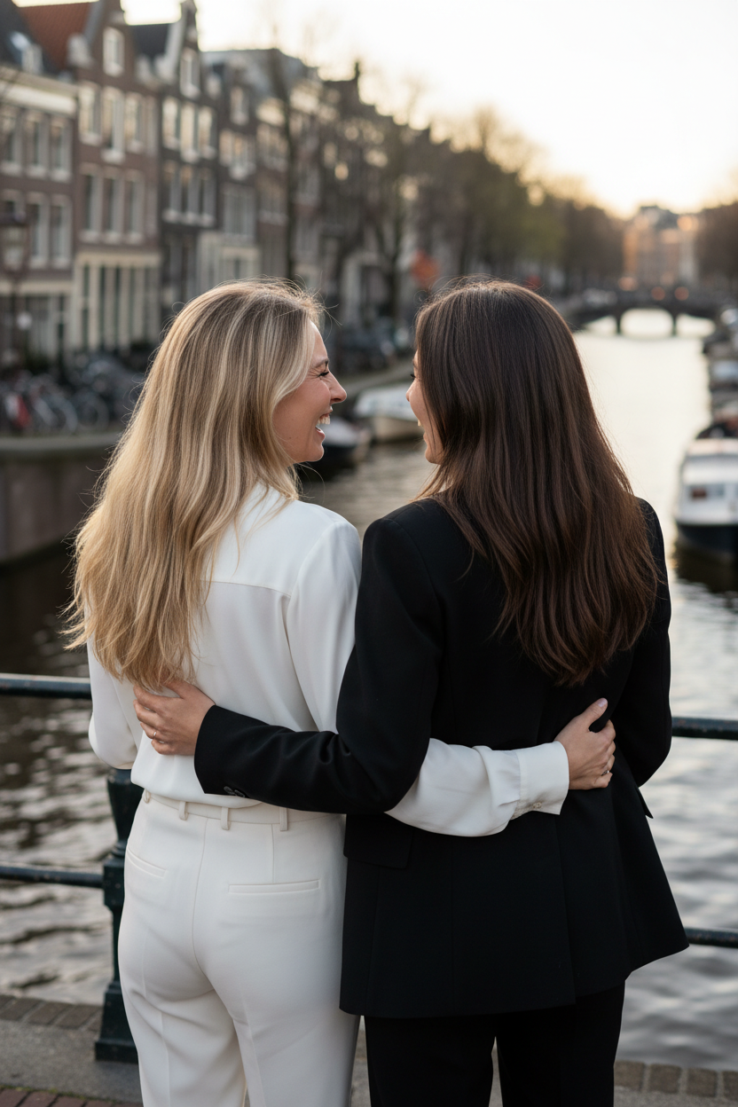 Twee vrouwen vanuit de rug met armen om elkaar heen, Amsterdamse gracht