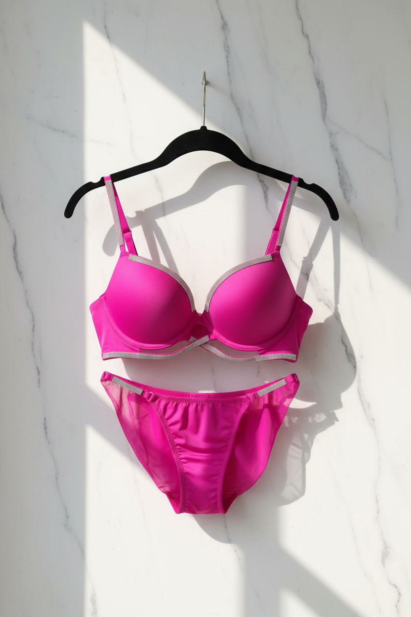 Hot pink strass setje hangend op marmeren achtergrond