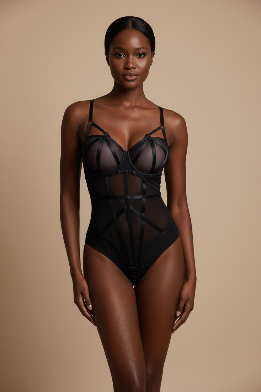 Modelfoto zwarte mesh bodysuit