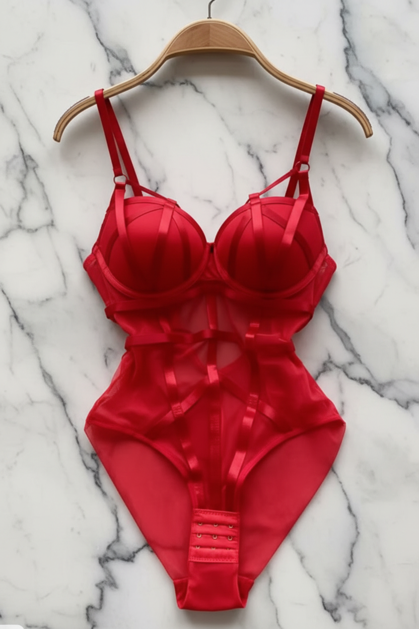 Rode bodysuit op hanger met marmeren achtergrond