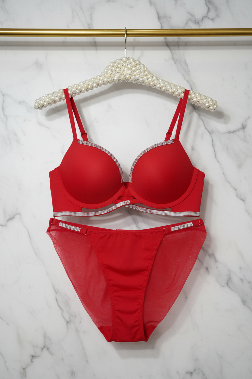 Rode lingerie set op hanger met marmeren achtergrond