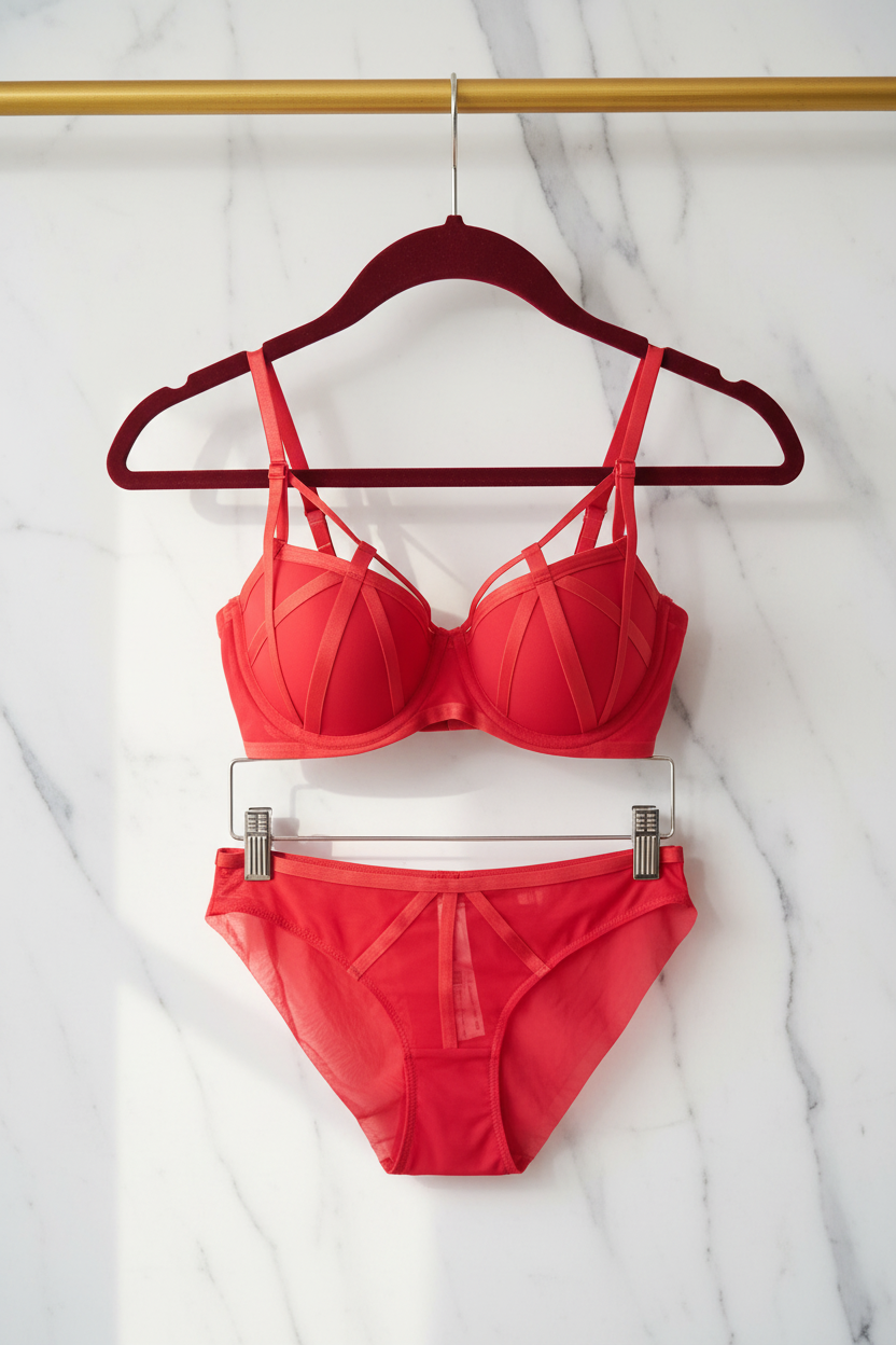 Rood lingerie setje hangend op marmeren achtergrond