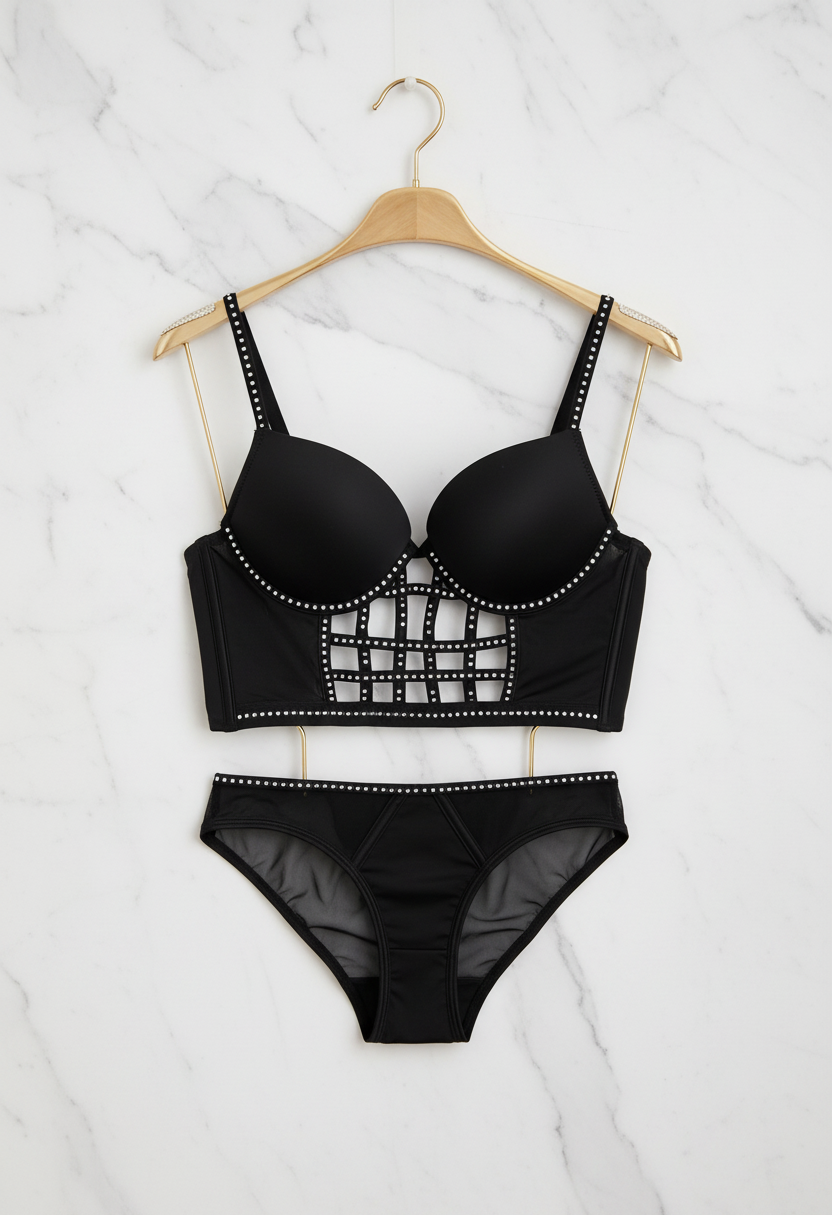 Zwarte kristal lingerie set recht hangend witte marmer achtergrond