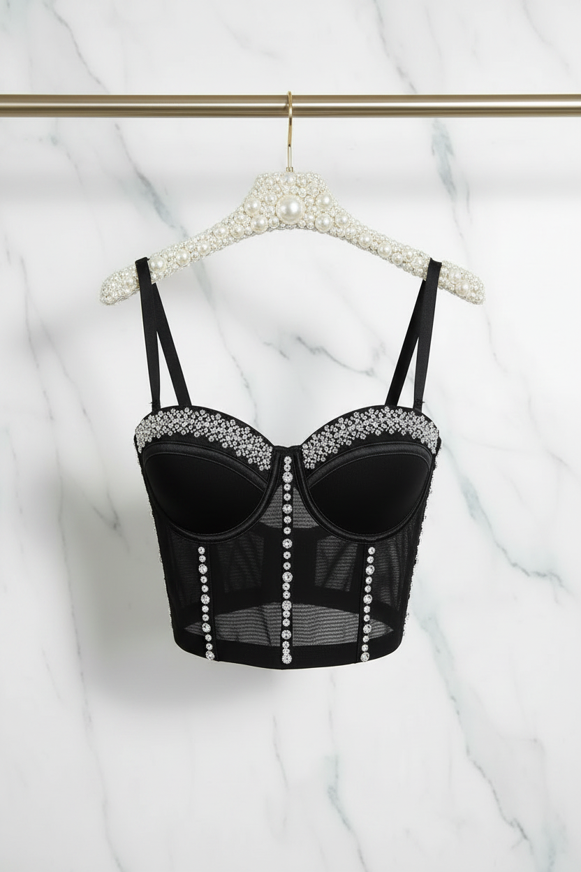 Zwarte rhinestone bustier op parelenhanger